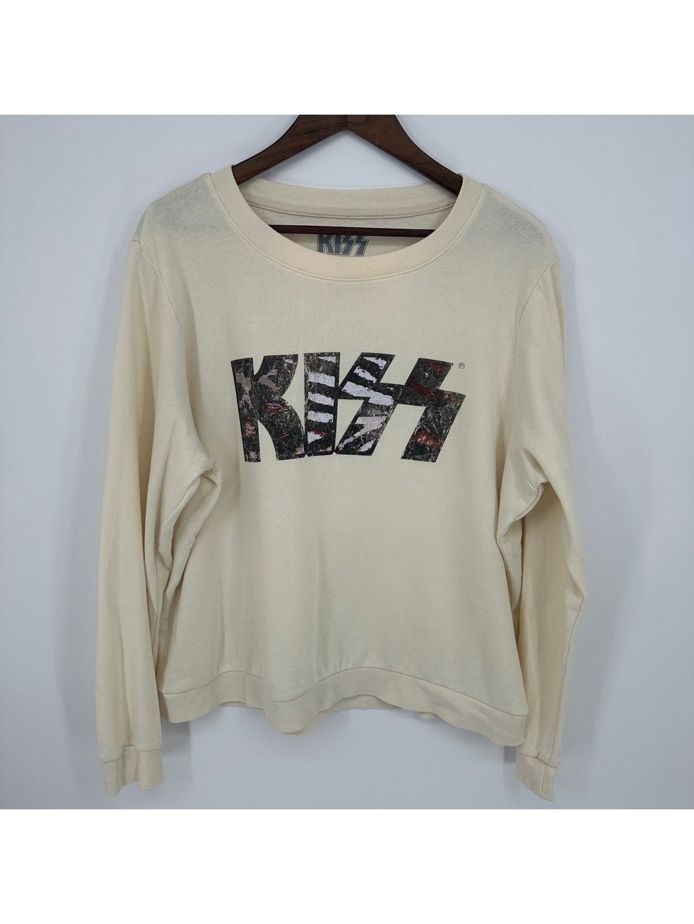 KISS band graphic long sleeve grunge tee cream rock music XL